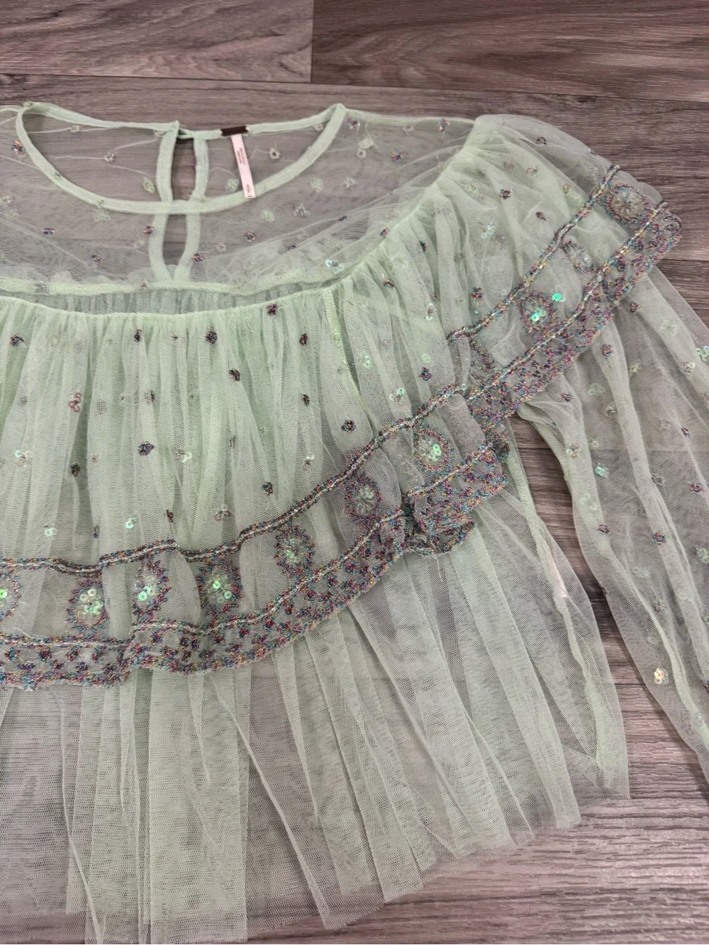 Free People Disco Ball Embellished Sequined Long Sleeve Top Blouse Size Small